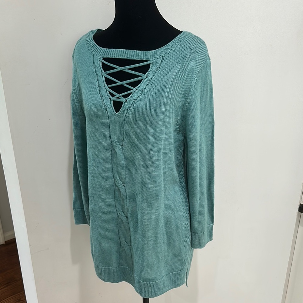 Soho Teal Lace-Up Knit Blouse